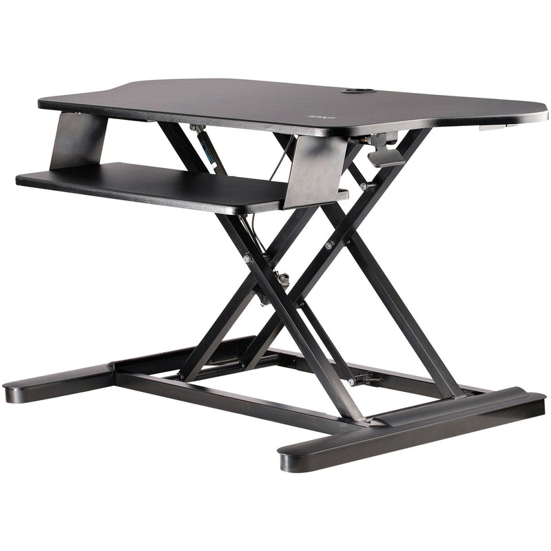 Side view of StarTech.com sit-stand workstation showing X-frame structure and dual platforms