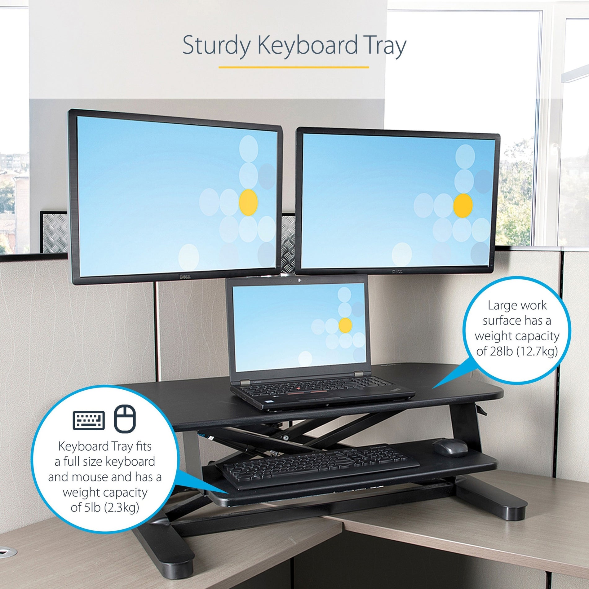 StarTech.com ARMSTSCORNR Estación de trabajo de pie y sentado Bandeja de teclado ajustable en altura en forma de L Capacidad de carga de 33.07 lb Negro