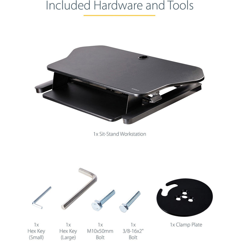 Layout of included hardware components and tools for StarTech.com sit-stand workstation