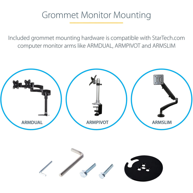 Illustration of compatible monitor arm models and mounting hardware