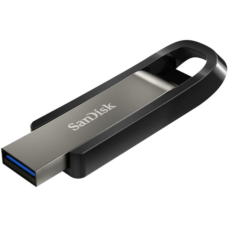 SanDisk Extreme Go USB 3.2 Flash Drive featuring a metallic gray body with black accents and integrated loop design