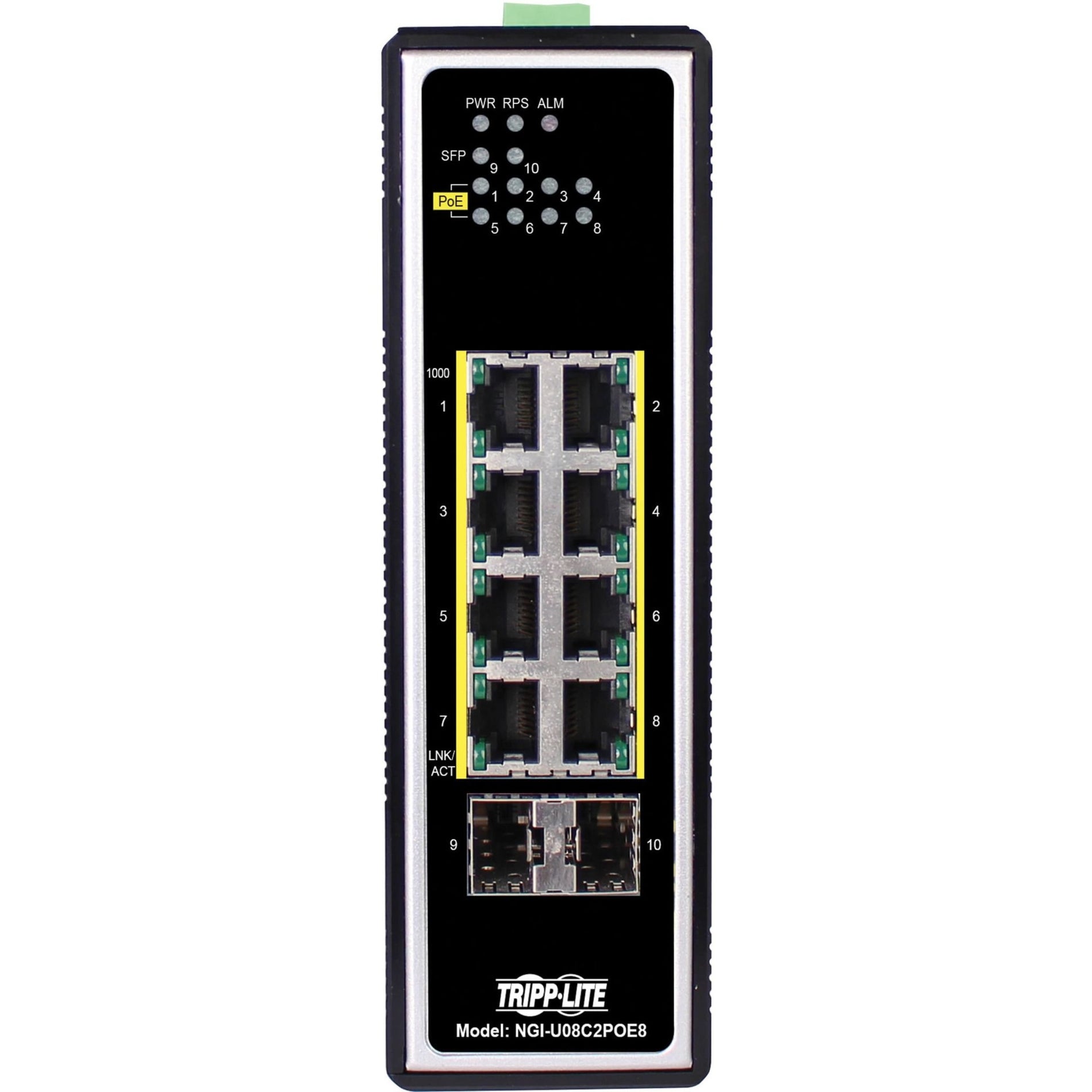 Close-up front view of NGI-U08C2POE8 switch interface showing port layout and LED indicators-alternate-image3