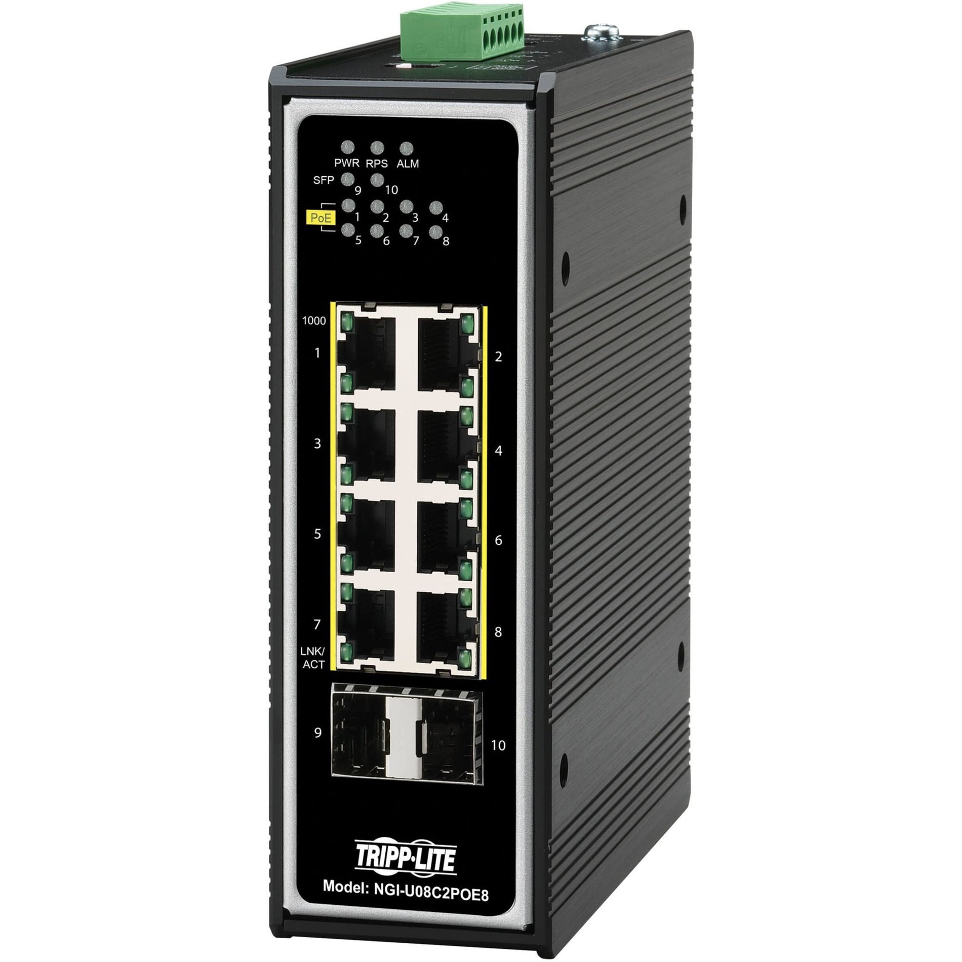 Front view of Tripp Lite NGI-U08C2POE8 industrial ethernet switch showing 8 PoE ports and 2 SFP slots with status LEDs-alternate-image1