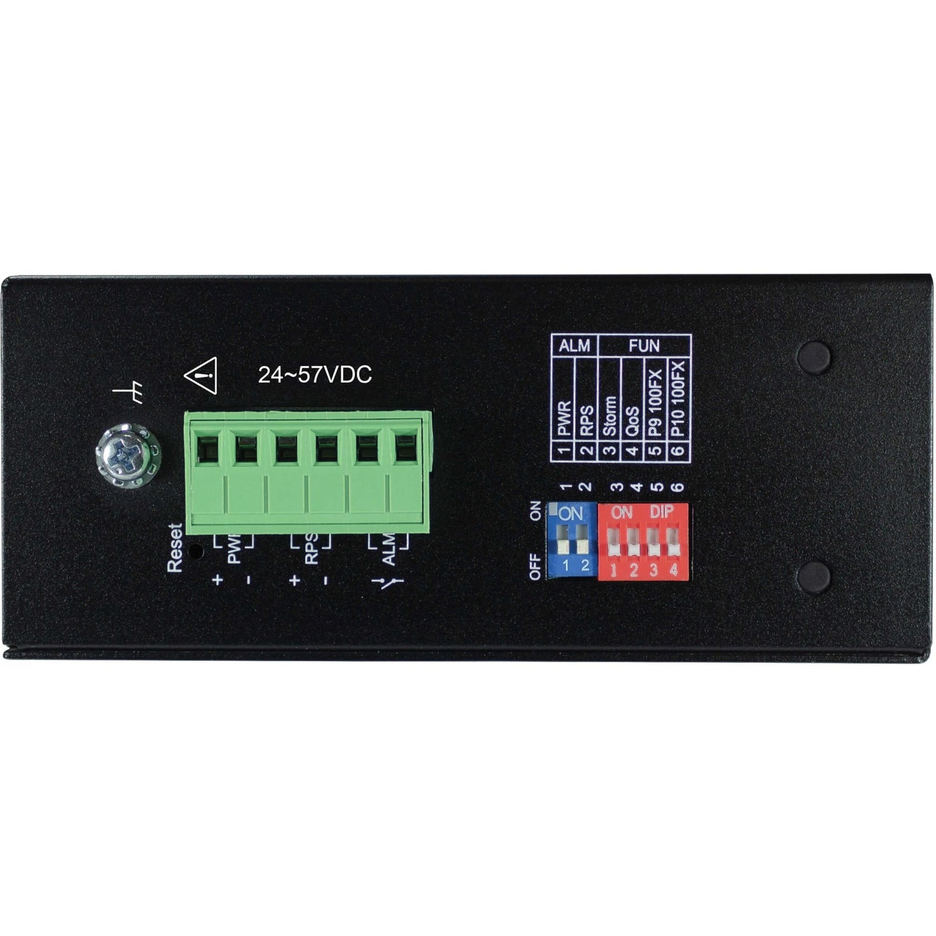 Top view of NGI-U08C2POE8 switch showing power terminal block and DIP switch configuration-alternate-image4