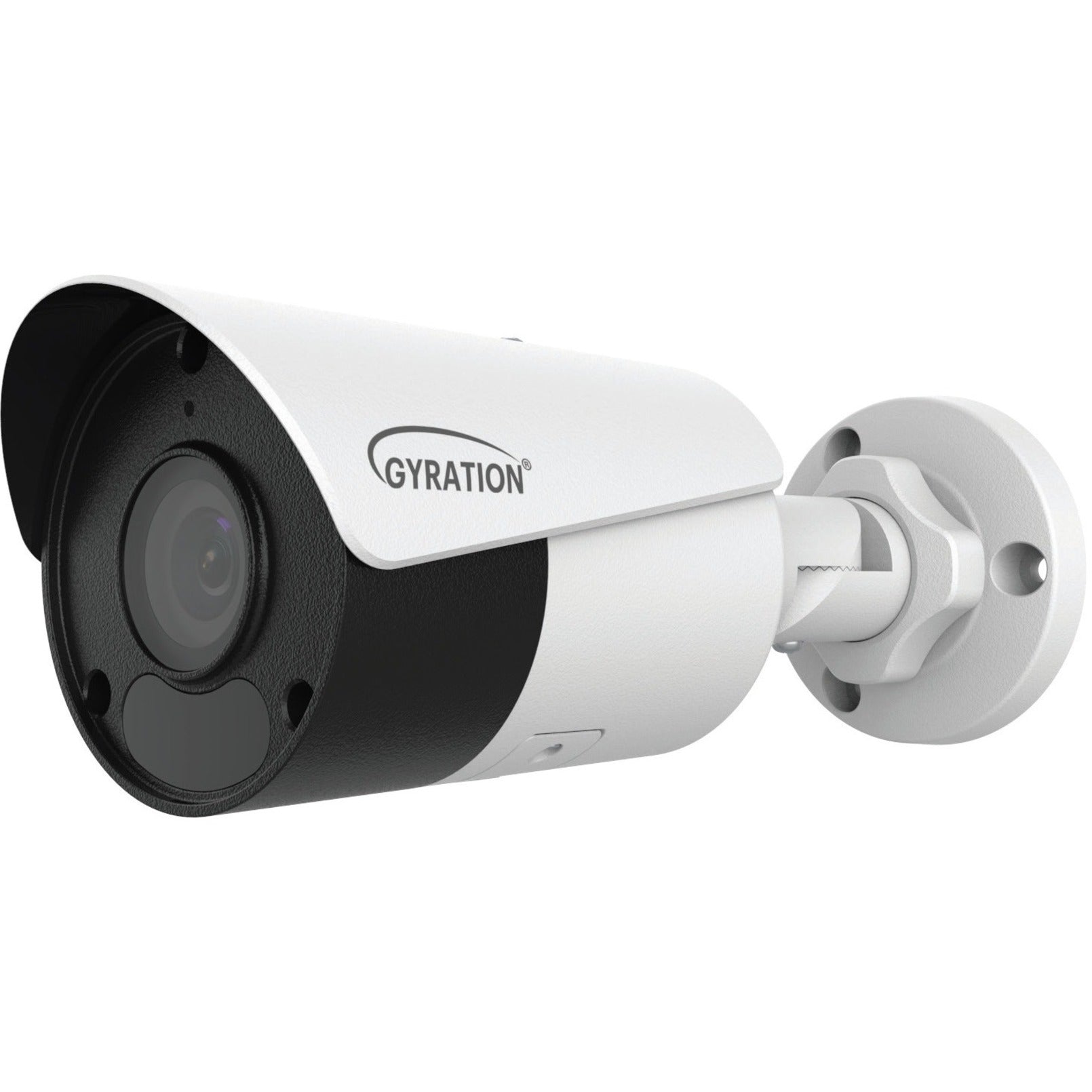 White and black bullet-style security camera with Gyration branding shown from side angle-alternate-image1