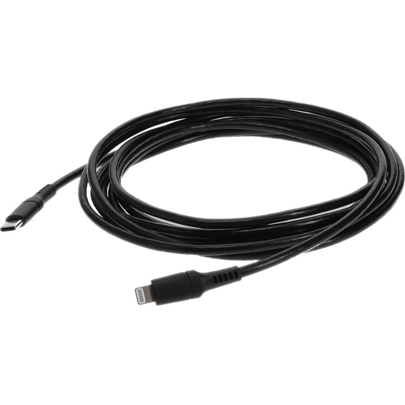 Black USB-C to Lightning cable with reinforced connectors showing full cable length