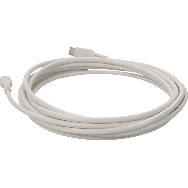 Coiled white USB-C to Lightning cable showing flexibility from side angle