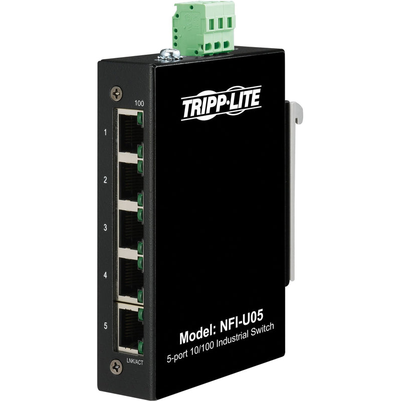 Front view of Tripp Lite NFI-U05 industrial ethernet switch showing 5 numbered ports and power terminal block