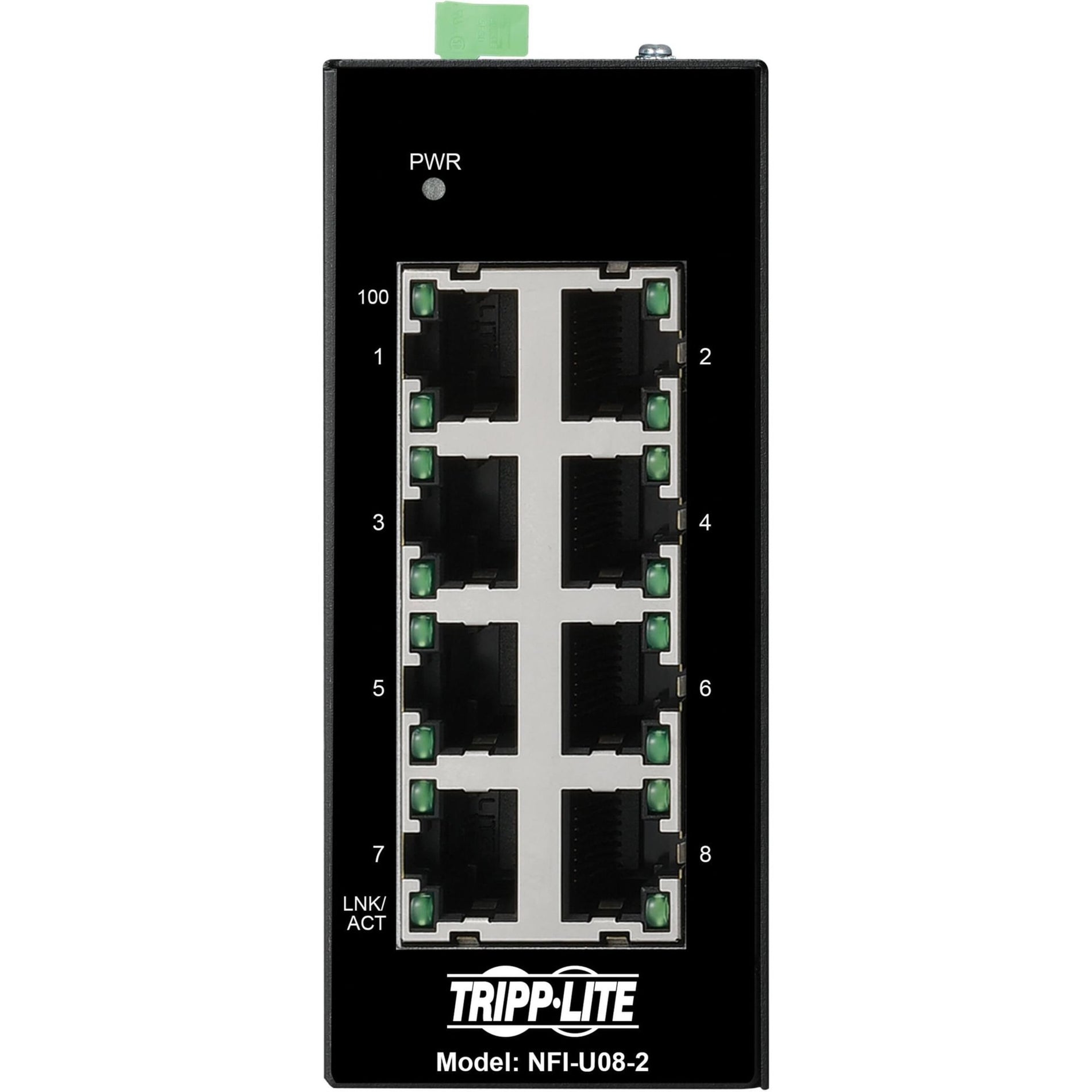 Detailed view of NFI-U08-2 Ethernet switch ports with LED indicators and labeling-alternate-image3