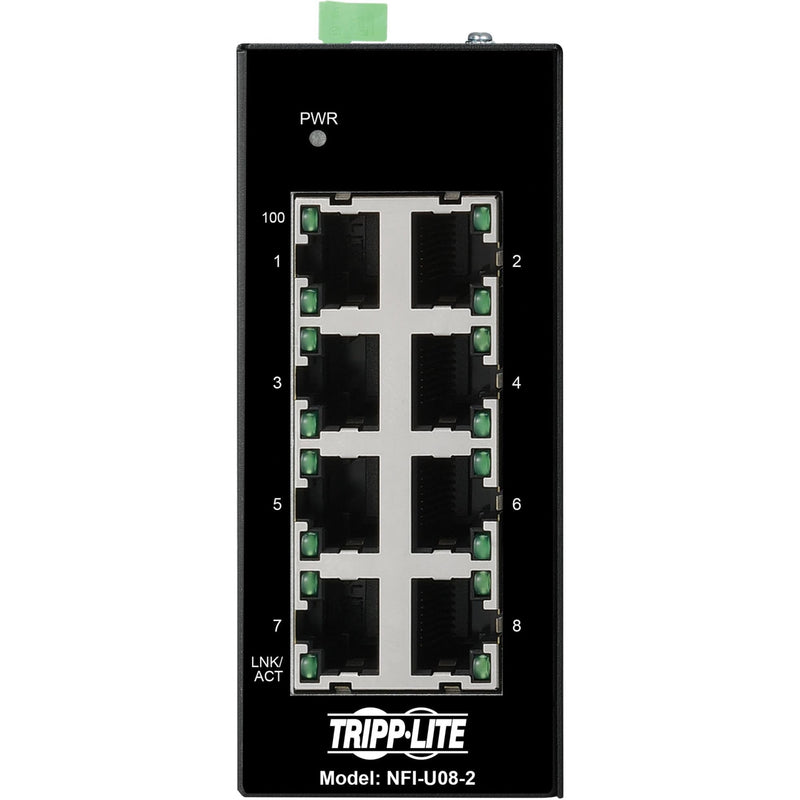 Detailed view of NFI-U08-2 Ethernet switch ports with LED indicators and labeling