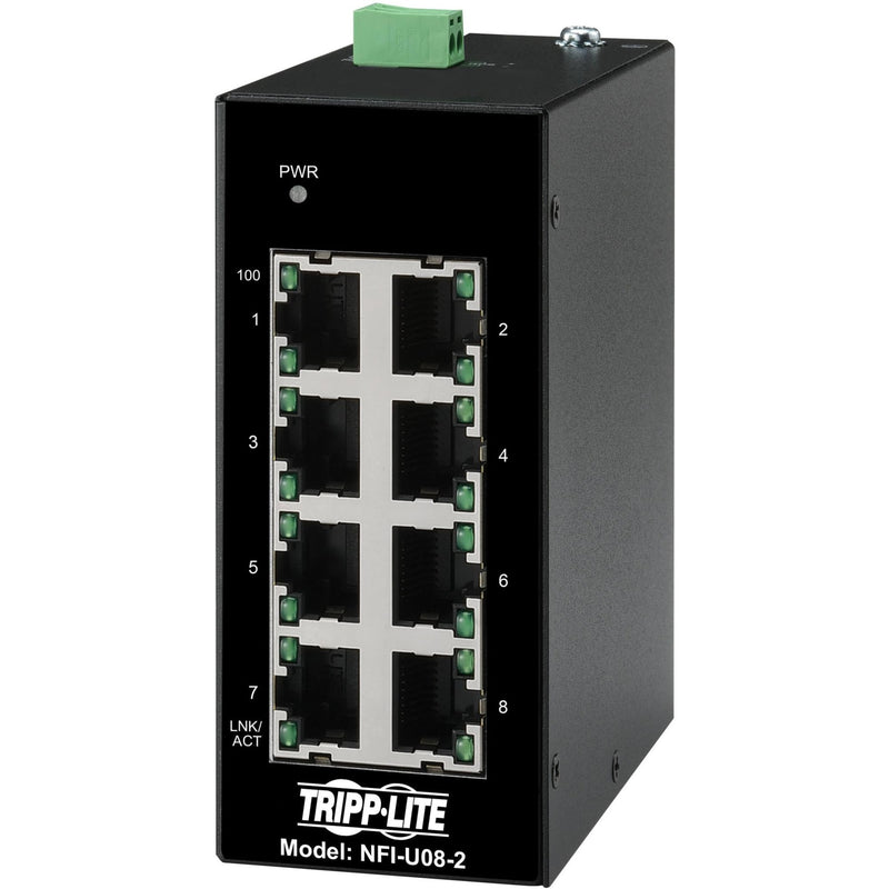 Front view of Tripp Lite NFI-U08-2 industrial Ethernet switch showing 8 numbered ports with LED indicators