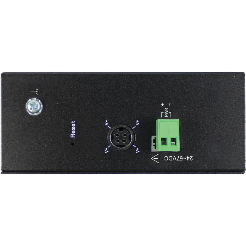 Top view of NGI-U05C2POE4 switch showing power terminal block and reset button