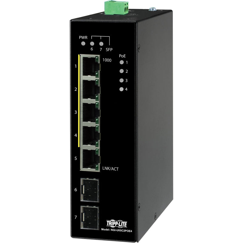 Front view of Tripp Lite NGI-U05C2POE4 industrial Ethernet switch showing 5 RJ45 ports, LED indicators, and 2 SFP slots