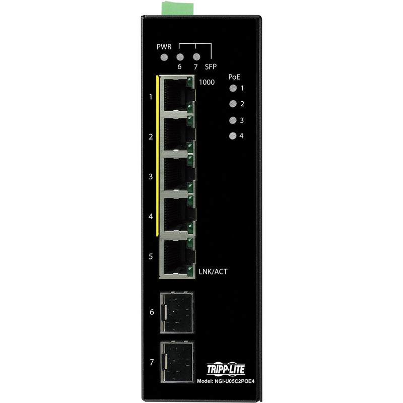 Close-up view of NGI-U05C2POE4 switch ports and LED indicators