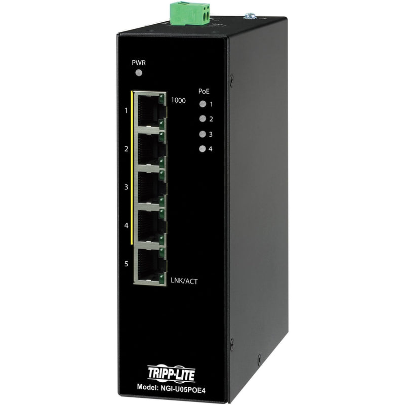 Front view of Tripp Lite NGI-U05POE4 industrial ethernet switch showing 5 ports and LED indicators