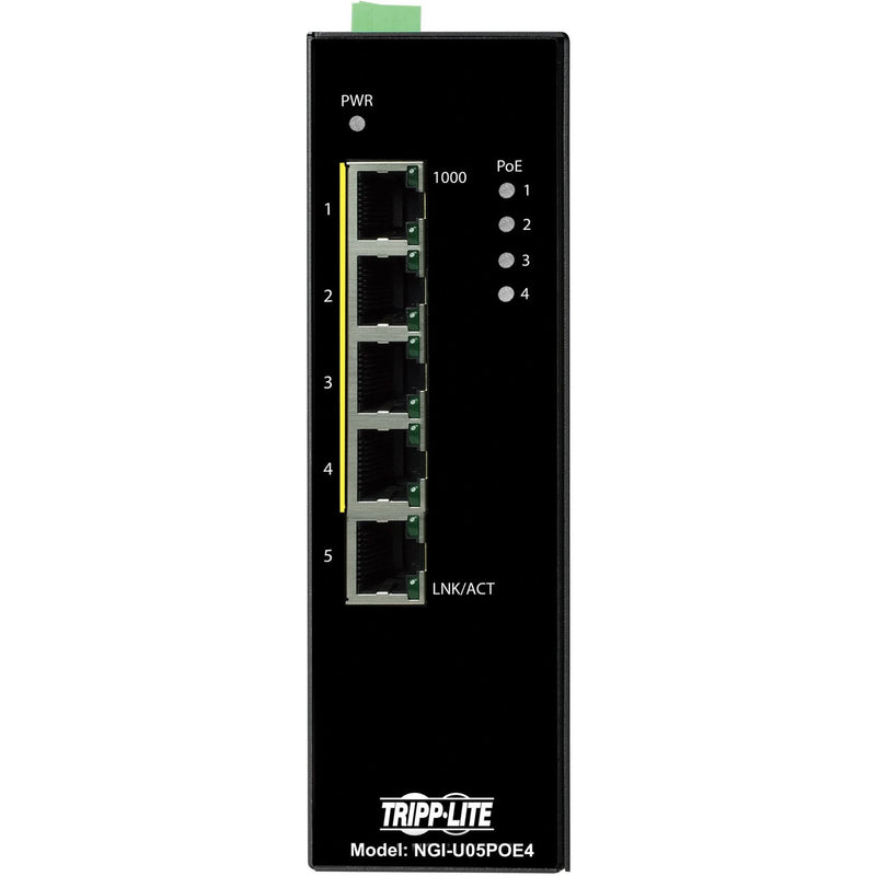 Close-up view of NGI-U05POE4 LED indicators and port numbering