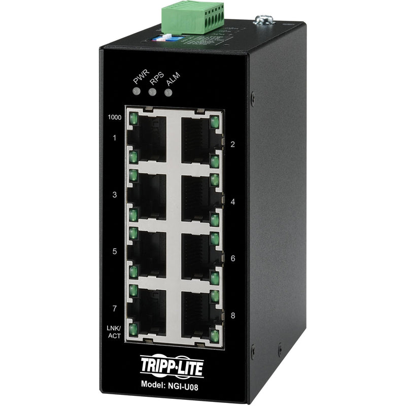 Front view of Tripp Lite NGI-U08 industrial Ethernet switch showing 8 Gigabit ports with LED indicators