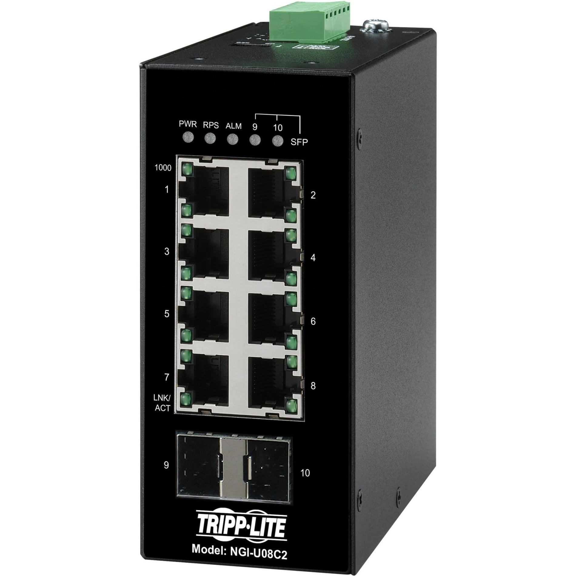 Front view of Tripp Lite NGI-U08C2 industrial Ethernet switch showing 8 RJ45 ports, LED indicators, and SFP slots-alternate-image1