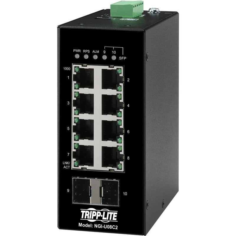 Front view of Tripp Lite NGI-U08C2 industrial Ethernet switch showing 8 RJ45 ports, LED indicators, and SFP slots