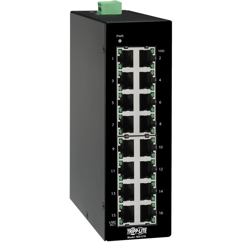 Front view of Tripp Lite NGI-U16 industrial Ethernet switch showing 16 numbered Gigabit ports with LED indicators