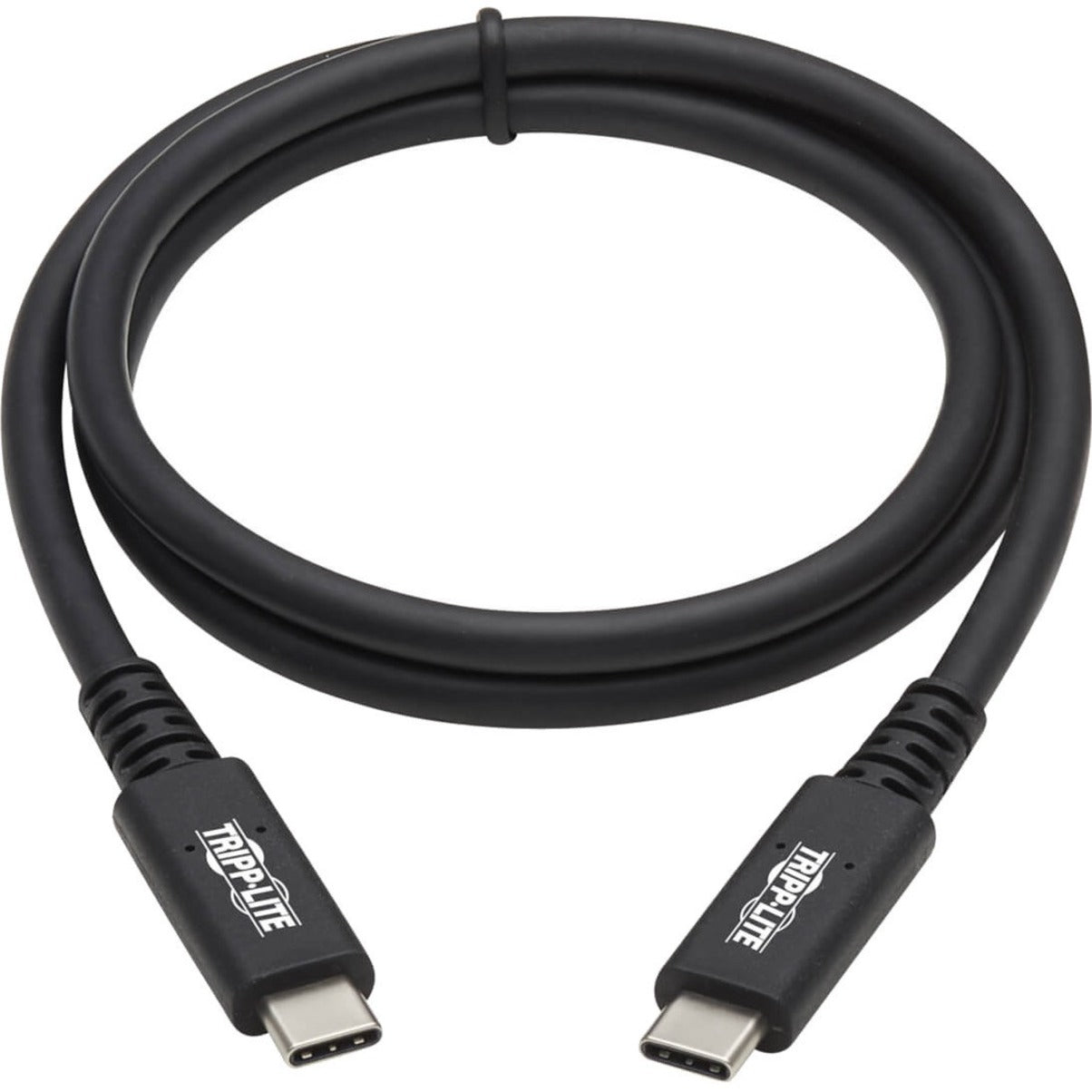 Full-length view of coiled Tripp Lite USB4 cable showing flexible black cable with branded connectors-alternate-image2