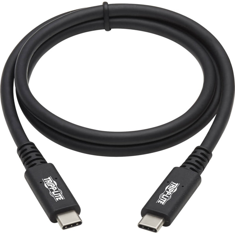 Full-length view of coiled Tripp Lite USB4 cable showing flexible black cable with branded connectors