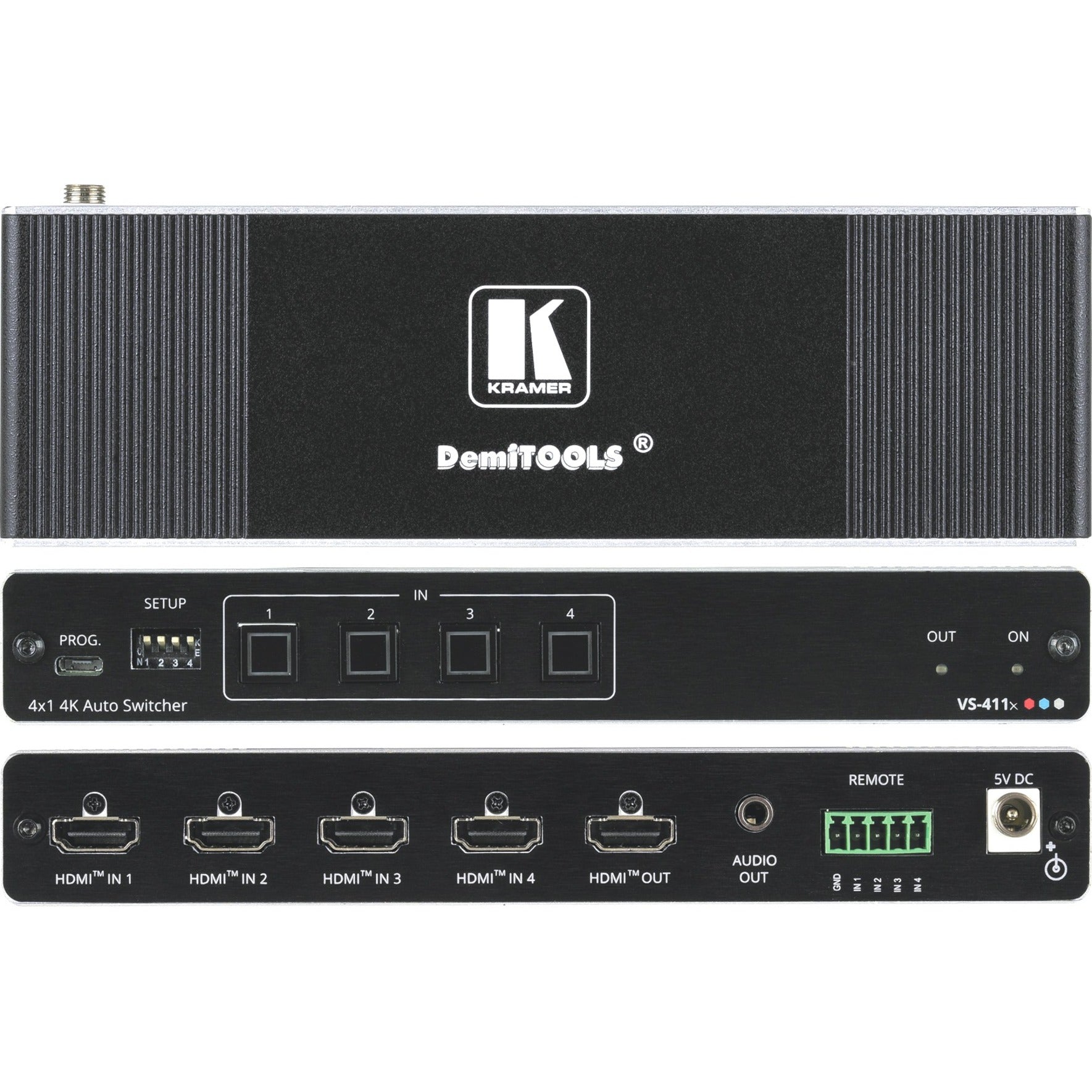 Kramer VS-411X 4K HDR HDMI switcher showing front panel controls and rear connection ports including 4 HDMI inputs, 1 HDMI output, audio out, and remote control terminal-alternate-image1