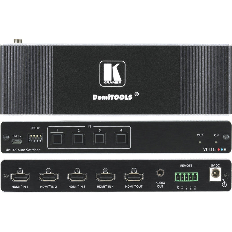 Kramer VS-411X 4K HDR HDMI switcher showing front panel controls and rear connection ports including 4 HDMI inputs, 1 HDMI output, audio out, and remote control terminal