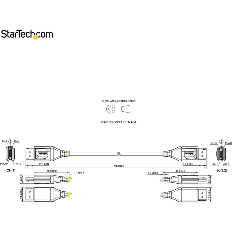 Technical diagram showing cable dimensions and specifications