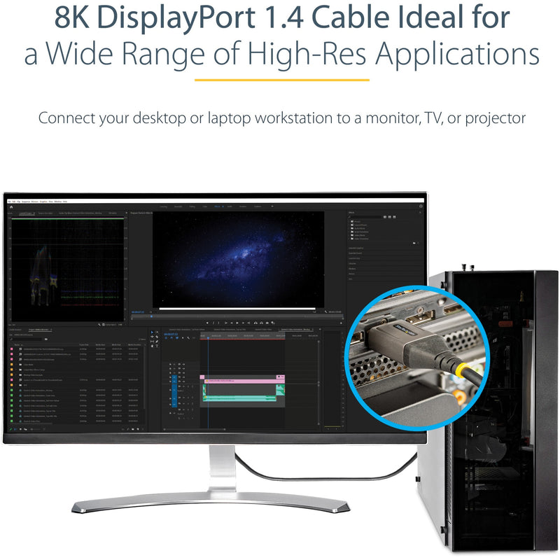 Professional workstation setup showing cable in use with high-resolution display