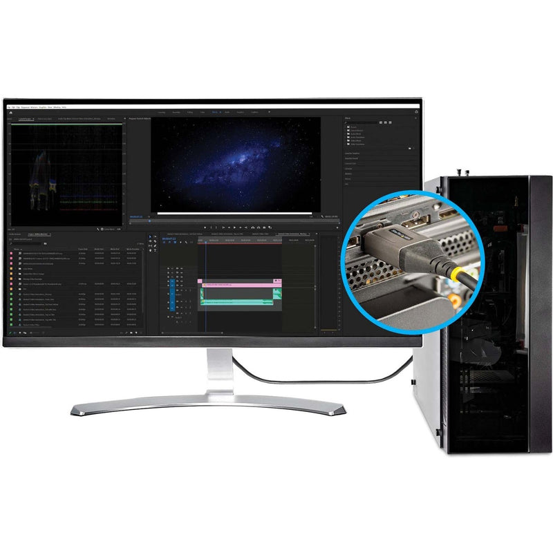 Content creation workstation showing video editing software with DisplayPort connection