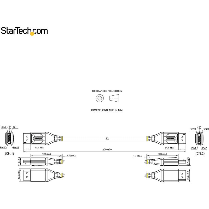 Technical diagram showing precise measurements and specifications of the DisplayPort cable