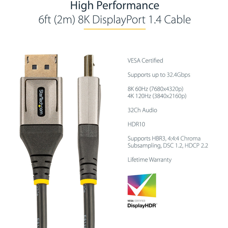 Technical specifications display of StarTech.com DisplayPort 1.4 cable featuring 8K resolution support