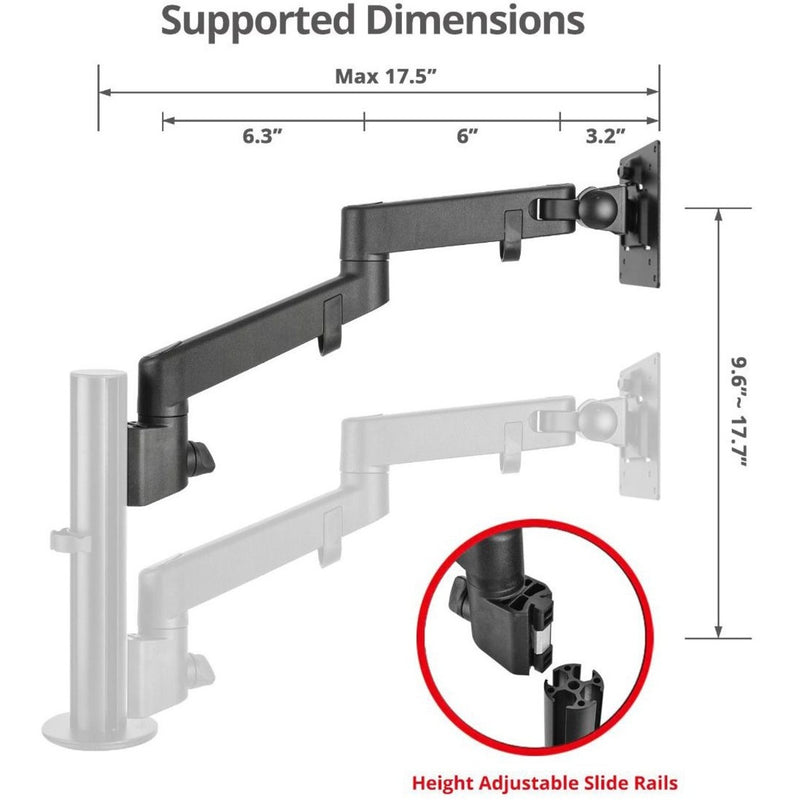 Diagram showing the supported dimensions and reach of the monitor arm with height adjustable slide rails