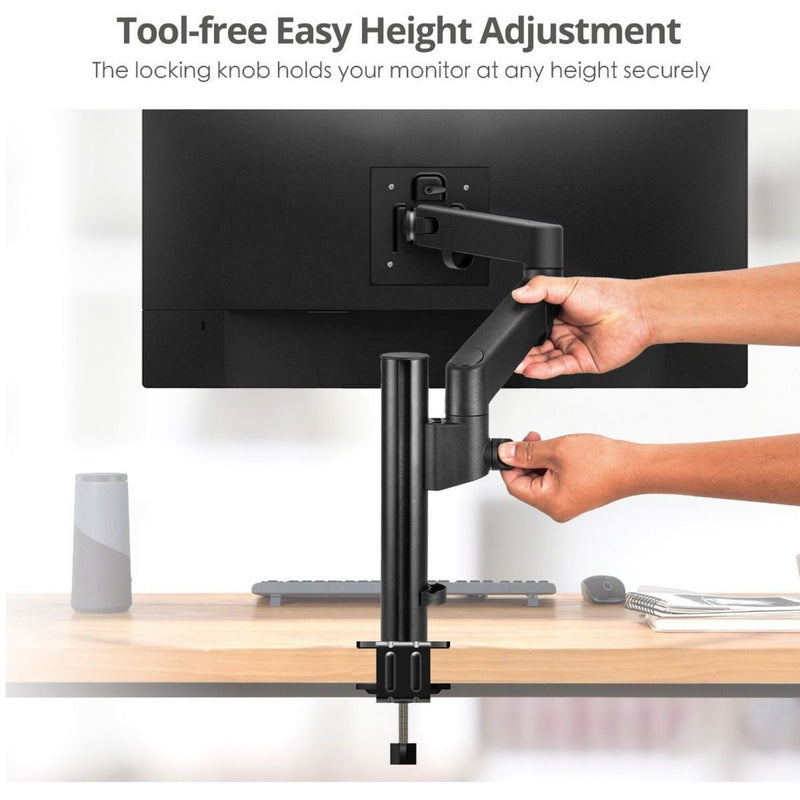 Hands demonstrating the tool-free height adjustment feature of the monitor arm