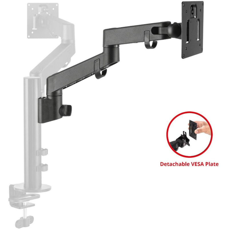 Black articulating monitor arm with detachable VESA plate mounting system highlighted in red circle