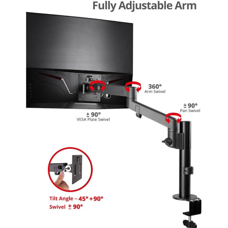 Monitor arm showing full range of motion with swivel points marked by red arrows