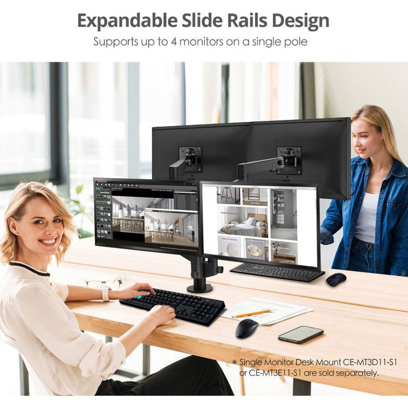 Dual monitor setup demonstration with expandable slide rails