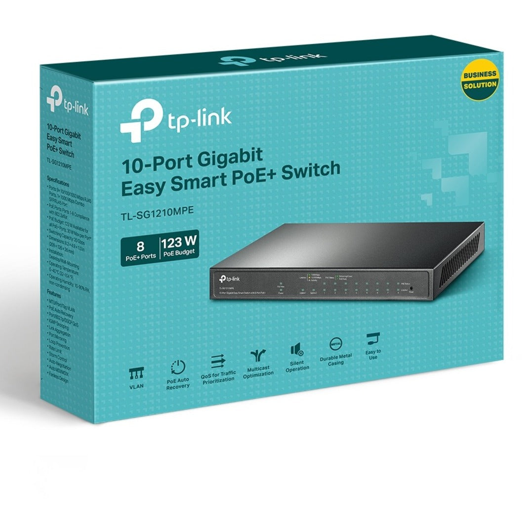 TP-Link TL-SG1210MPE 10-Port Gigabit Easy Smart Switch with 8-Port PoE+ Lifetime Warranty 123W PoE Budget  TP-Link TL-SG1210MPE 10-Port Gigabit Easy Smart Switch with 8-Port PoE+ Garantie à vie Budget PoE de 123W