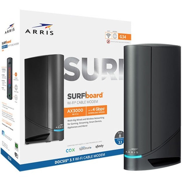 Retail packaging of SURFboard G34 AX3000 with product specifications and included modem-alternate-image6