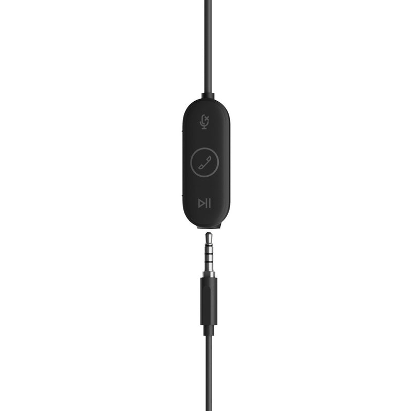 Close-up of Logitech Zone Wired Earbuds in-line controller with control buttons