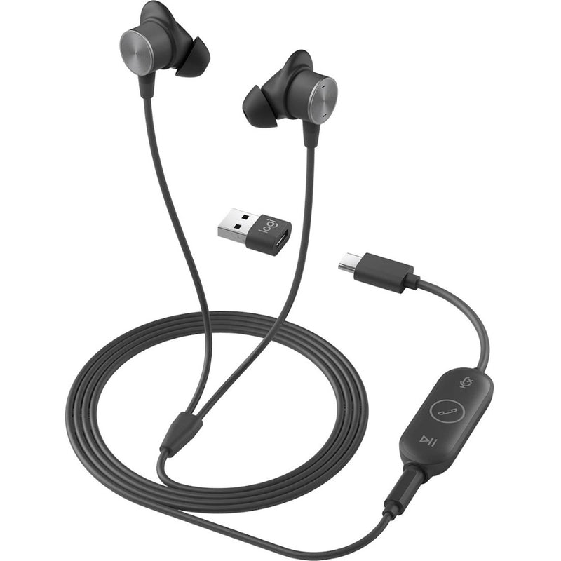 Logitech Zone Wired Earbuds with USB adapters and in-line controller in graphite color