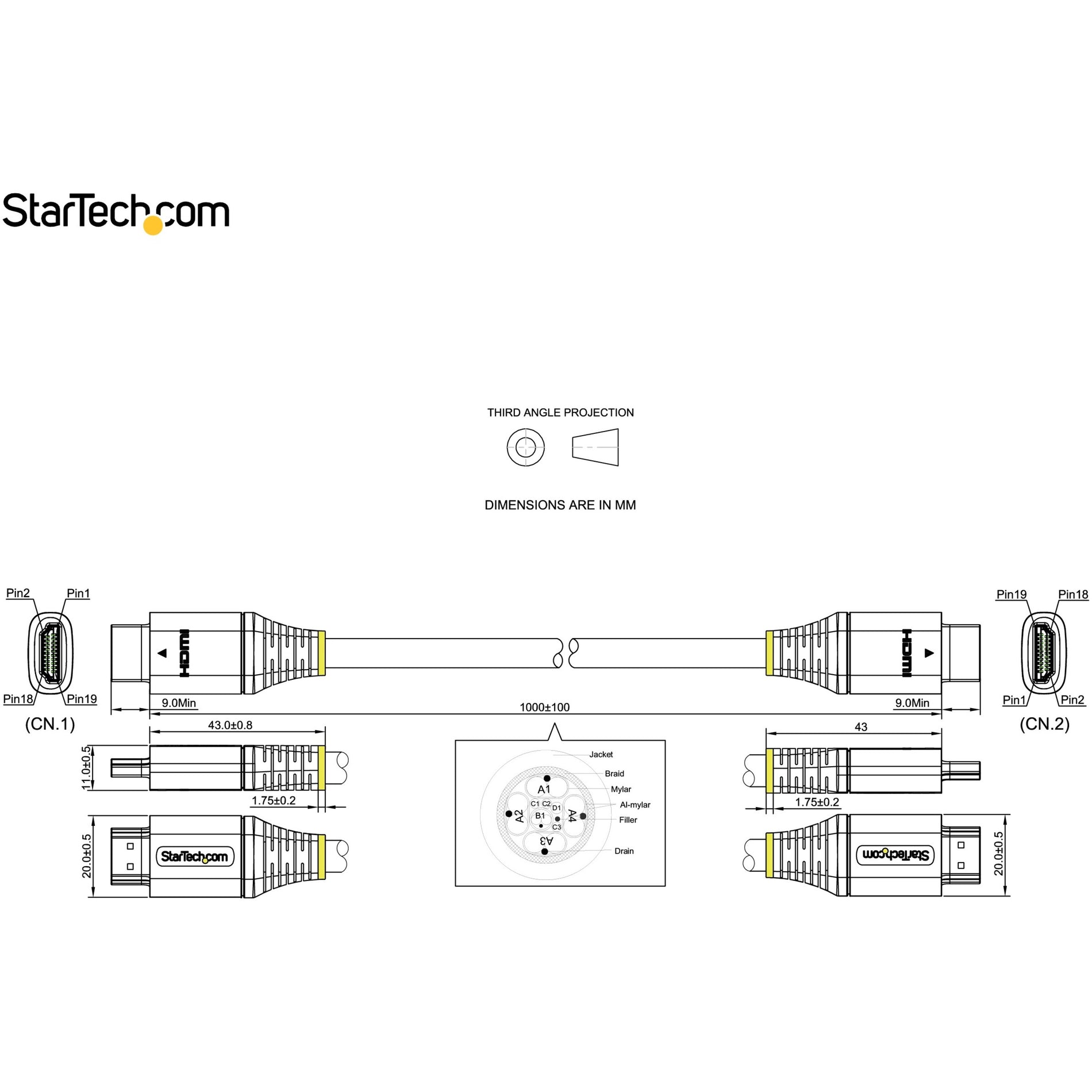 Technical diagram showing HDMI cable dimensions and specifications-alternate-image8