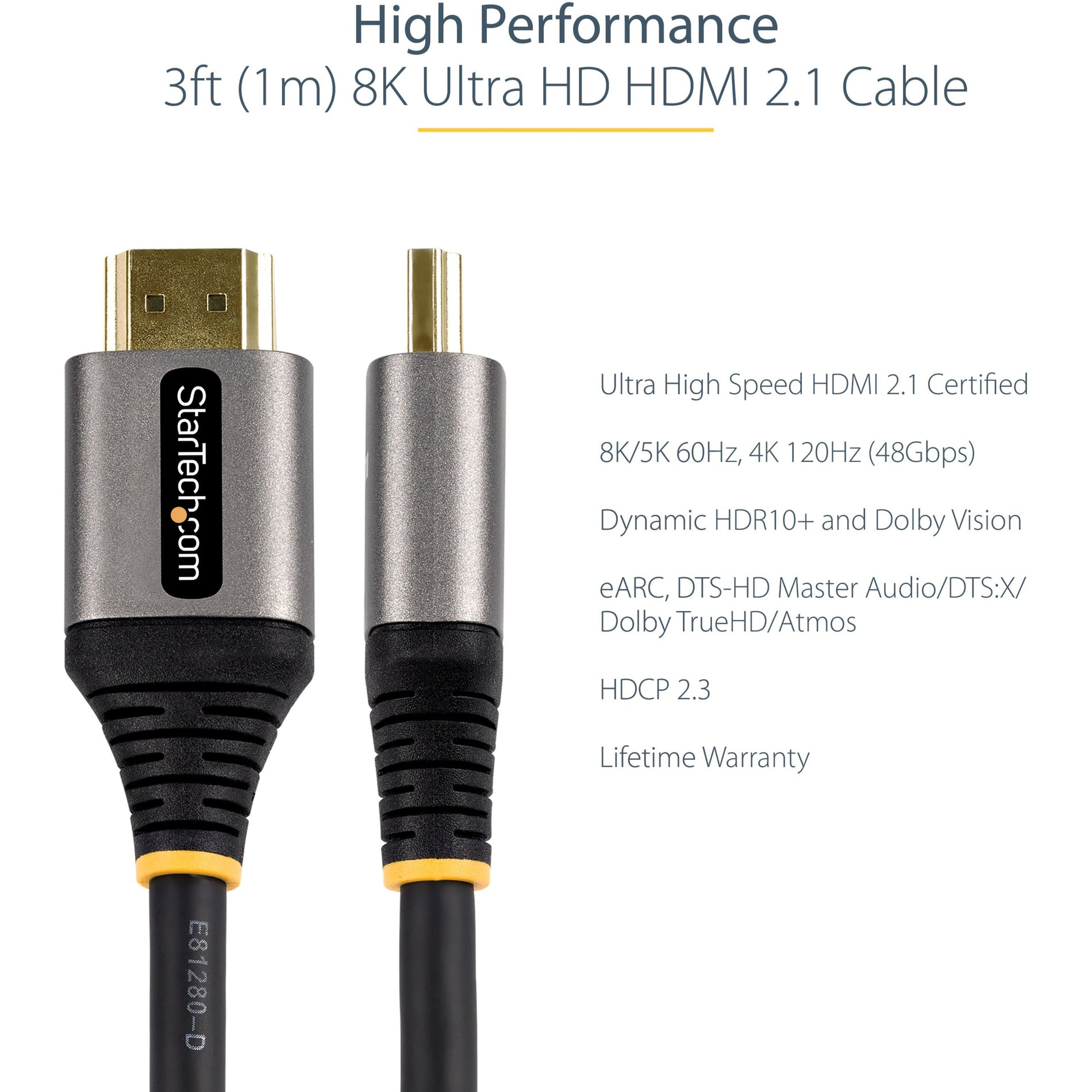 StarTech.com HDMI cable with technical specifications highlighting 8K resolution and audio format support-alternate-image3