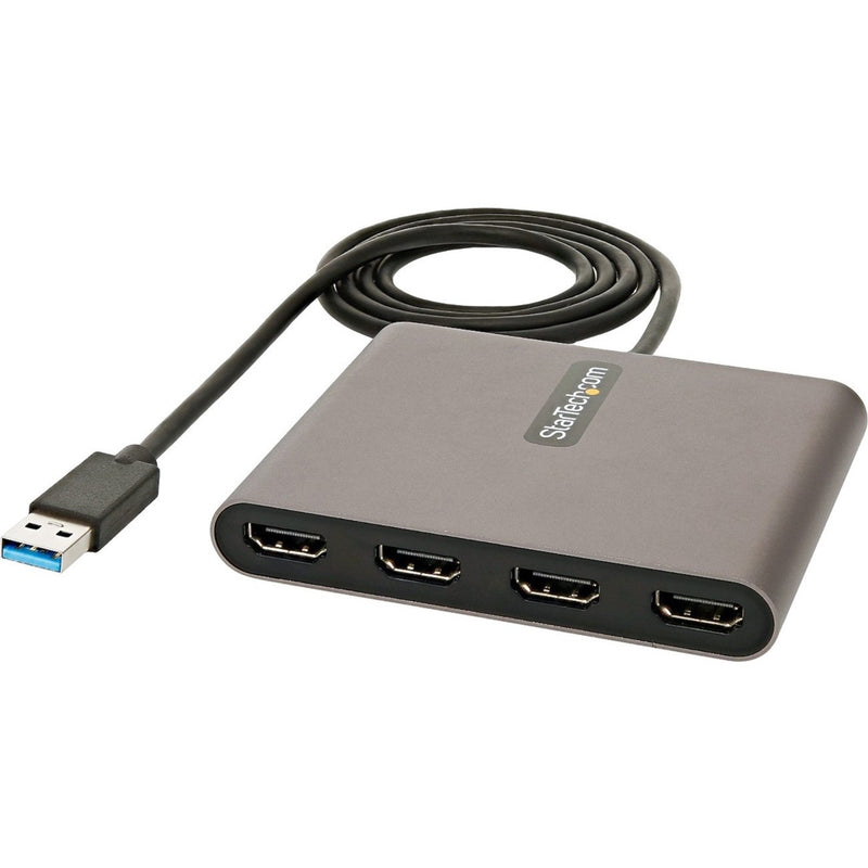 StarTech.com USB-A to quad HDMI adapter showing front view with four HDMI ports and USB 3.0 connector