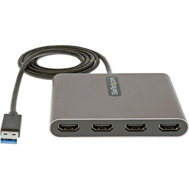 Close-up angle view of StarTech.com USB to HDMI adapter showing aluminum finish and port layout