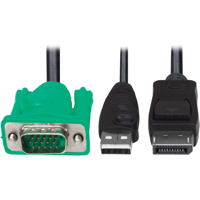 Close-up view of VGA, USB, and DisplayPort connectors of the Tripp Lite P778-006-DP KVM cable kit