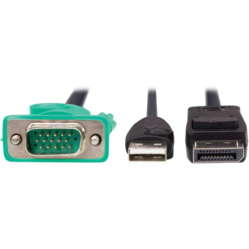 Detailed view of VGA, DisplayPort, and USB connector interfaces on the KVM cable kit