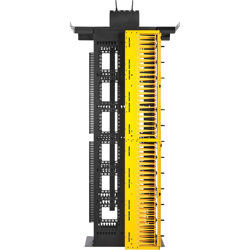 Close-up of vertical cable management system with routing features