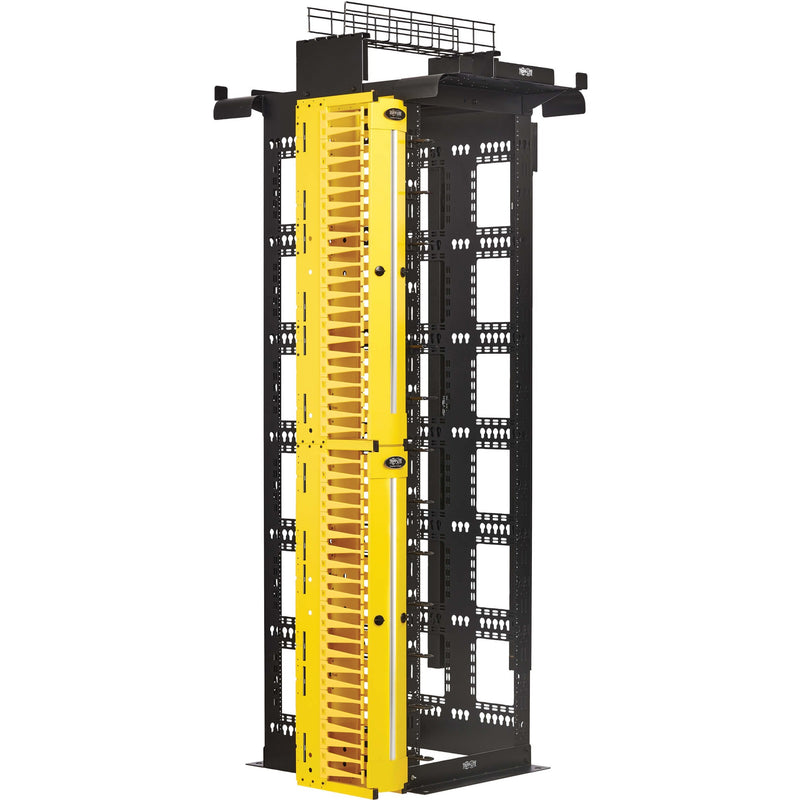 Side view showing vertical cable management channel with yellow duct system